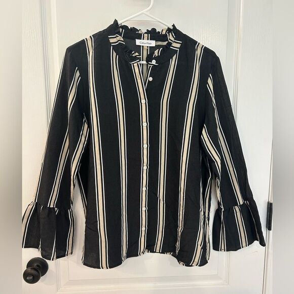 Calvin Klein Tops - Calvin Klein Womens Black & White Striped Button Up Shirt Bell Sleeve Size Large